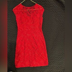 Adrianna Papell red lace cocktail dress. Elegant, lace, sleeveless. Size 4.